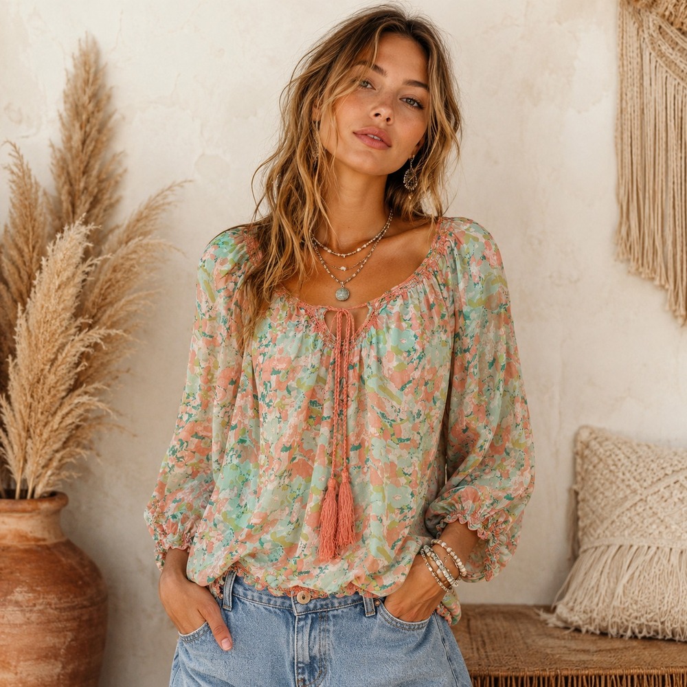 Max Studio Womens Sheer Floral Peasant Top Sz L Tassels Boho Romantic Fairy